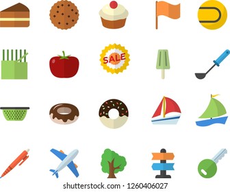 Color flat icon set colander flat vector, ladle, tomato, cupcake, piece of cake, donut, ice cream, biscuit, tree, fabric manufacture, flag, sell out, sailboat, pen, tennis ball, aircraft fector, key