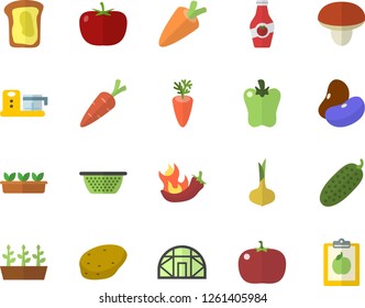 Color flat icon set colander flat vector, food processor, mushroom, potato, tomato, legumes, onion, carrot, bell pepper, hot peppers, cucumber, ketchup, sandwich, seedlings, greenhouse, diet