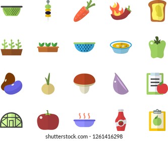 Color flat icon set colander flat vector, mushroom, legumes, soup, garlic, onion, bell pepper, hot peppers, tomato, canape, ketchup, sandwich, carrot, seedlings, greenhouse, diet