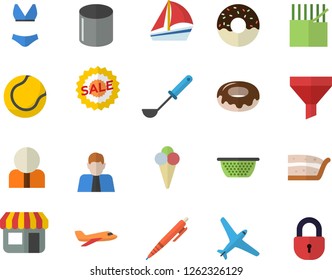 Color flat icon set colander flat vector, ladle, piece of cake, donut, ice cream, fabric manufacture, pipe production, store front, funnel, person, sell out, sailboat, pen, tennis ball, swimsuit