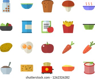 Color flat icon set colander flat vector, toaster, mushroom, potato, cheese, bread, salad, soup, porridge, tomato, French fries, scrambled eggs, carrot, diet, vitamins, proteins, steroids