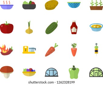 Color flat icon set colander flat vector, food processor, mushroom, potato, tomato, ketchup, onion, salad, soup, carrot, bell pepper, hot peppers, cucumber, canape, seedlings, greenhouse