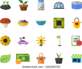 Color flat icon set colander flat vector, apron, mushroom, canned food, salad, home plant, flower, planting plants, greenhouse, windmill, tree leaf, electric cars, motherboard, cash, diet, vitamins