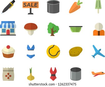 Color flat icon set colander flat vector, mushroom, potato, onion, carrot, cupcake, ice cream, seeds, tree, pipe production, store front, person, sell out, pen, tennis ball, swimsuit
