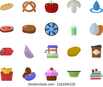 Color flat icon set colander flat vector, potato, tomato, legumes, bagel, cake, sausage, egg, bread, mushroom, chop, cutlet, garlic, French fries, soda, coffe, well, ventilation, drop