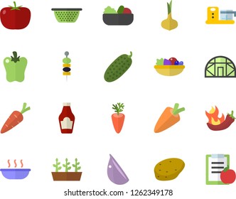 Color flat icon set colander flat vector, food processor, potato, tomato, ketchup, onion, carrot, salad, soup, garlic, bell pepper, hot peppers, cucumber, canape, seedlings, greenhouse, diet