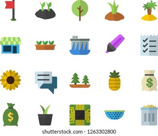 Color flat icon set colander flat vector, pineapple, home plant, tree, flower, planting plants, seedlings, forest, hydroelectric power station, motherboard, marker, wealth, chat, to do list, shop