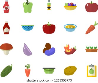 Color flat icon set colander flat vector, mushroom, potato, tomato, ketchup, legumes, salad, soup, carrot, garlic, bell pepper, hot peppers, cucumber, canape, seedlings, diet