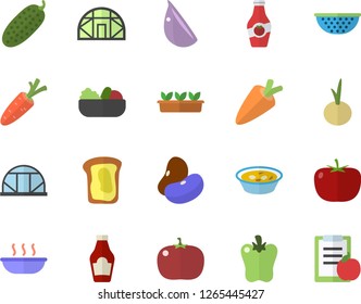 Color flat icon set colander flat vector, tomato, ketchup, legumes, carrot, salad, soup, garlic, onion, bell pepper, cucumber, sandwich, seedlings, greenhouse, diet