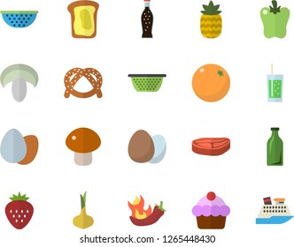 Color flat icon set colander flat vector, egg, chop, onion, bagel, cake, mushroom, bell pepper, hot peppers, lemonade, soda, Strawberry, pineapple, sandwich, orange, glass bottles
