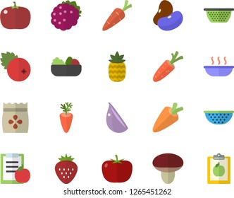 Color flat icon set colander flat vector, tomato, legumes, carrot, salad, soup, garlic, cranberry, Strawberry, blackberry, pineapple, mushroom, seeds, diet
