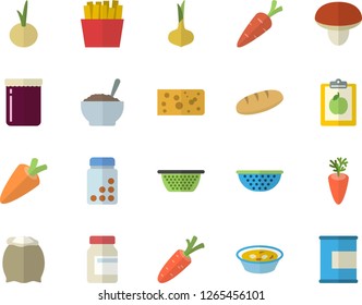 Color flat icon set colander flat vector, flour, mushroom, onion, carrot, cheese, bread, soup, porridge, French fries, jam, diet, vitamins, proteins