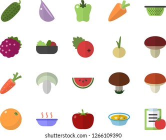 Color flat icon set colander flat vector, mushroom, tomato, carrot, watermelon, salad, soup, garlic, onion, bell pepper, cucumber, cranberry, blackberry, orange, diet