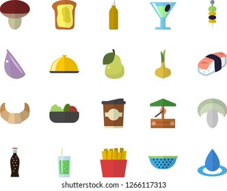 Color flat icon set colander flat vector, dish, onion, croissant, mushroom, salad, garlic, French fries, sashimi, lemonade, cocktail, soda, coffe, pear, canape, mustard, sandwich, well, drop