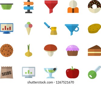 Color Flat Icon Set Colander Flat Vector, Turk, Mushroom, Potato, Tomato, Onion, Cupcake, Piece Of Cake, Donut, Ice Cream, Biscuit, Seeds, Funnel, Person, Computer Chart, Cocktail Fector, Pointer