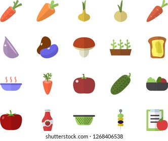 Color flat icon set colander flat vector, mushroom, tomato, legumes, onion, carrot, salad, soup, garlic, cucumber, canape, ketchup, sandwich, seedlings, diet