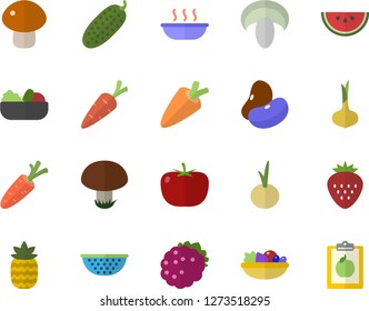 Color flat icon set colander flat vector, tomato, legumes, onion, carrot, watermelon, mushroom, salad, soup, cucumber, Strawberry, blackberry, pineapple, diet