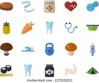 Color flat icon set colander flat vector, carrot, mushroom, cutlet, fish rolls, jam, pineapple, seeds, pond, stethoscope, gestation, tooth, caries, weight, heartbeat, centimeter, muscles, swimming