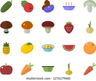 Color flat icon set colander flat vector, legumes, lemon, onion, carrot, watermelon, mushroom, soup, tomato, cucumber, cranberry, Strawberry, pineapple, orange