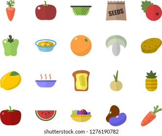 Color flat icon set colander flat vector, potato, tomato, legumes, lemon, watermelon, mushroom, salad, soup, carrot, onion, bell pepper, cranberry, pineapple, sandwich, orange, seeds