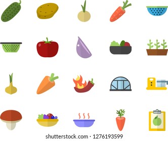 Color flat icon set colander flat vector, food processor, mushroom, potato, tomato, onion, carrot, salad, soup, garlic, hot peppers, cucumber, seedlings, greenhouse, diet