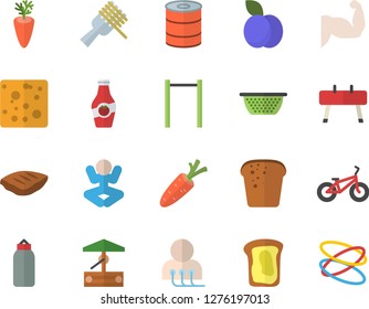 Color flat icon set colander flat vector, cheese, bread, canned food, spaghetti on a fork, chop, carrot, plum, ketchup, sandwich, well, diagnostics, muscles, bicycle, parallel bars, pear, yoga, hoop