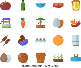 Color flat icon set colander flat vector, fridge, egg, chop, legumes, bread, shashlik, cutlet, carrot, hot peppers, tomato, sandwich, orange, well, seedlings, glass bottles, pool fector