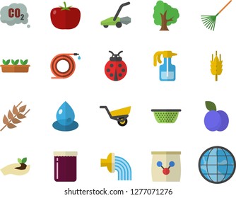 Color flat icon set colander flat vector, tomato, ear, jam, plum, tree, pulverizer, ladybird, hose, seedlings, rake, irrigation, garden wheelbarrow, lawn mower, fertilizer vectory, drop, earth