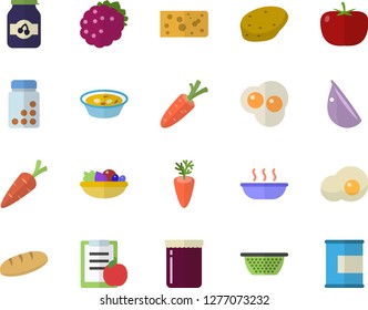 Color flat icon set colander flat vector, potato, tomato, cheese, bread, salad, soup, carrot, garlic, scrambled eggs, jam, blackberry, diet, vitamins, proteins