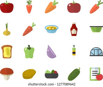 Color flat icon set colander flat vector, mushroom, potato, tomato, ketchup, onion, carrot, salad, soup, garlic, bell pepper, cucumber, canape, sandwich, greenhouse, diet