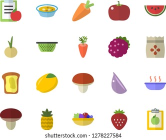 Color flat icon set colander flat vector, mushroom, lemon, carrot, watermelon, salad, soup, garlic, onion, tomato, Strawberry, blackberry, pineapple, sandwich, seeds, diet