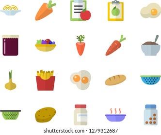 Color flat icon set colander flat vector, potato, onion, carrot, bread, spaghetti, salad, soup, porridge, French fries, scrambled eggs, jam, diet, vitamins