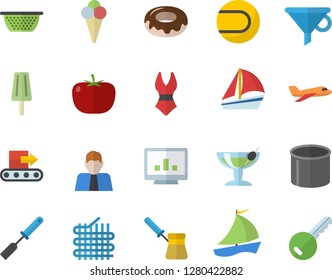 Color flat icon set colander flat vector, kitchen spatula, turk, tomato, donut, ice cream, conveyor, fabric manufacture, pipe production, funnel, person, sailboat, computer chart, tennis ball, key