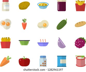 Color flat icon set colander flat vector, potato, tomato, carrot, bread, soup, garlic, cucumber, French fries, scrambled eggs, jam, blackberry, vitamins, proteins, steroids