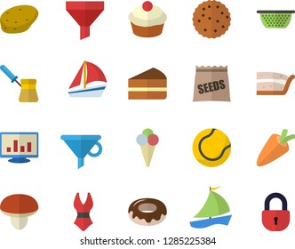 Color flat icon set colander flat vector, turk, mushroom, potato, carrot, cupcake, piece of cake, donut, ice cream, biscuit, seeds, funnel, sailboat, computer chart, tennis ball, swimsuit, lock