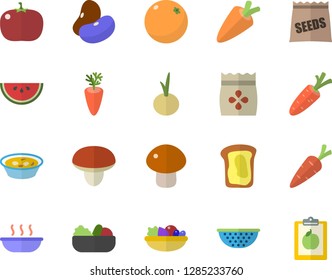 Color flat icon set colander flat vector, mushroom, legumes, carrot, watermelon, salad, soup, onion, tomato, sandwich, orange, seeds, diet