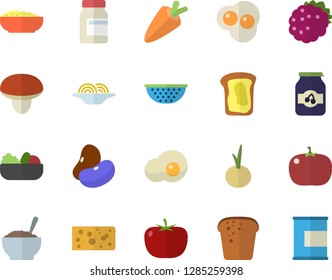 Color flat icon set colander flat vector, mushroom, tomato, legumes, carrot, cheese, bread, spaghetti, salad, porridge, onion, scrambled eggs, jam, blackberry, sandwich, vitamins, proteins