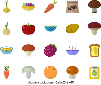 Color flat icon set colander flat vector, mushroom, potato, tomato, onion, salad, soup, carrot, blackberry, sandwich, orange, seeds, diet