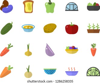 Color flat icon set colander flat vector, potato, tomato, legumes, onion, carrot, salad, soup, garlic, bell pepper, cucumber, sandwich, seedlings, greenhouse
