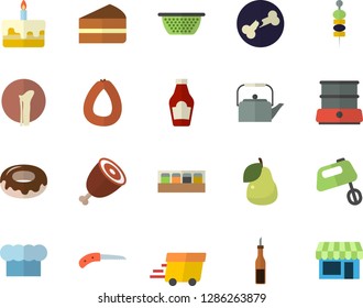 Color flat icon set colander flat vector, teapot, cook hat, mixer, double boiler, spice, ketchup, sauce, sausage, piece of cake, donut, ham, pear, canape, knife, express delivery, bone fracture