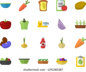 Color flat icon set colander flat vector, food processor, potato, tomato, legumes, onion, carrot, salad, garlic, bell pepper, ketchup, sandwich, seedlings, diet