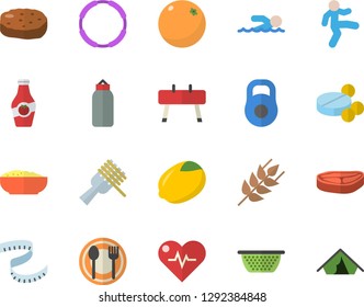 Color flat icon set colander flat vector, table setting, chop, ear, lemon, spaghetti on a fork, porridge, cutlet, ketchup, orange, pills, weight, heartbeat, centimeter, sports equipment horse, pear