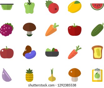 Color flat icon set colander flat vector, tomato, legumes, lemon, onion, carrot, watermelon, mushroom, salad, garlic, bell pepper, cucumber, cranberry, blackberry, pineapple, sandwich, diet
