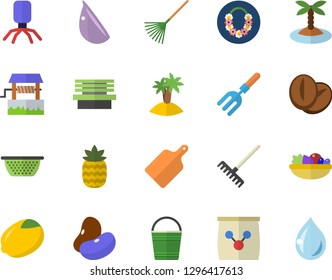 Color flat icon set colander flat vector, cutting board, legumes, lemon, salad, coffee beans, garlic, pineapple, well, pitchfork, rake, bucketful, bench, fertilizer vectory, virus, island fector