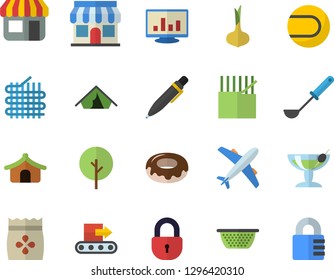 Color flat icon set colander flat vector, ladle, onion, donut, seeds, tree, conveyor, fabric manufacture, store front, computer chart, pen, tennis ball, aircraft fector, tent, cocktail, lock