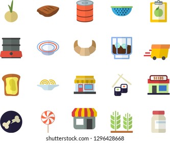 Color flat icon set colander flat vector, double boiler, croissant, canned food, spaghetti, dish, chop, lollipop, onion, fish rolls, whiskey, sandwich, grain warehouse, store front, express delivery