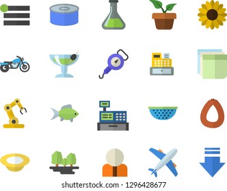 Color flat icon set colander flat vector, spring balance, sausage, canned food, dish, fish, home plant, flower, chemistry, forest, person, cash machine, sticker, industrial robot, motorcycle fector