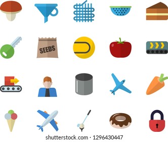 Color Flat Icon Set Colander Flat Vector, Mushroom, Tomato, Carrot, Piece Of Cake, Donut, Ice Cream, Seeds, Conveyor, Fabric Manufacture, Pipe Production, Funnel, Person, Tennis Ball, Key, Golf