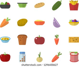 Color flat icon set colander flat vector, potato, tomato, carrot, cheese, bread, salad, soup, porridge, garlic, onion, cucumber, French fries, vitamins, steroids