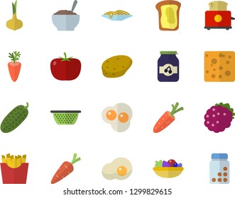 Color flat icon set colander flat vector, toaster, potato, tomato, onion, cheese, spaghetti, salad, porridge, carrot, cucumber, French fries, scrambled eggs, jam, blackberry, sandwich, vitamins